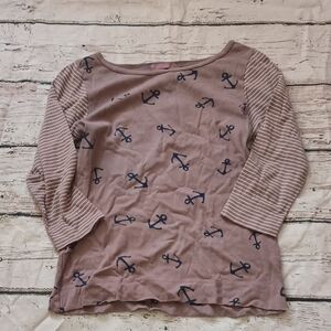 Fresh Produce Tan Navy Anchor Print 3/4 Sleeve Cotton Top S M